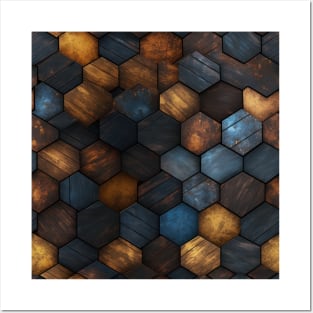 Geometric Timber: Crystalline Hexagons in Amber and Blue Posters and Art